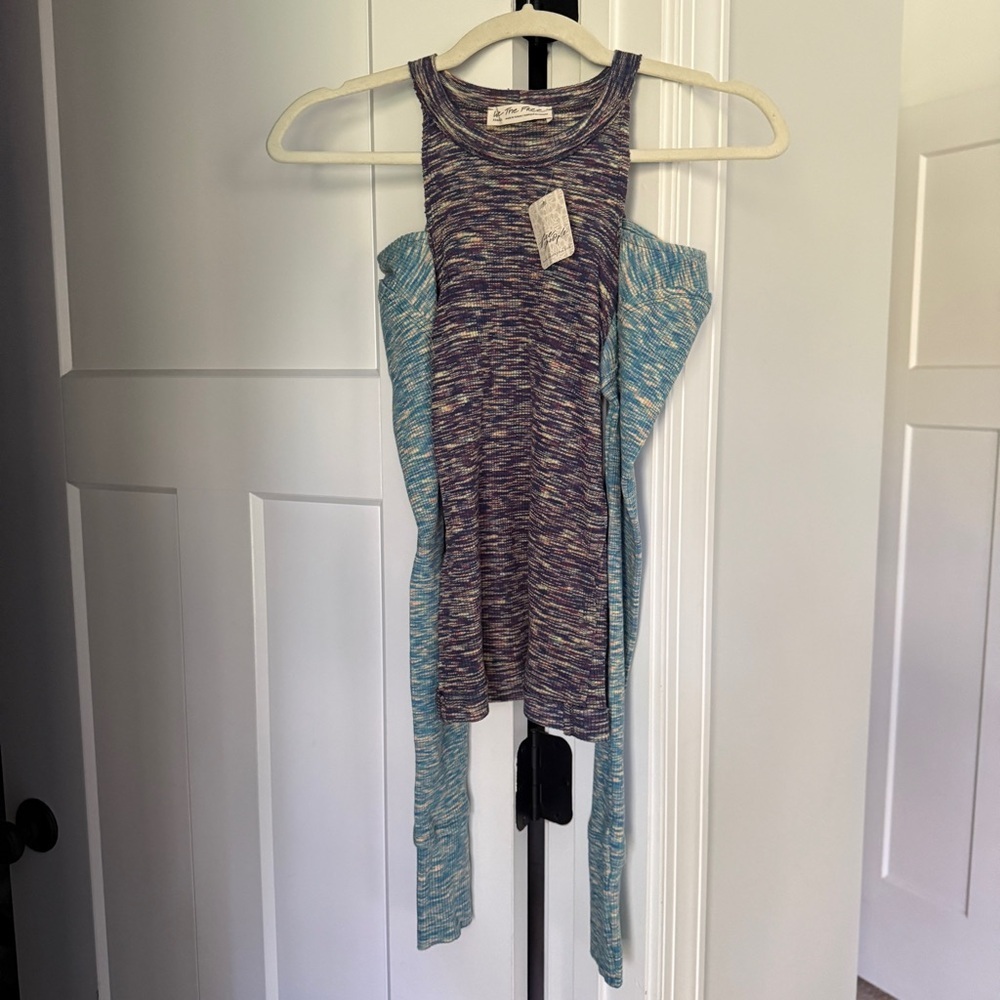 NWT Free People Cold‎ Shoulder Ribbed Sweater Top Heather Blue space dye